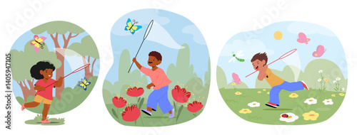 Overjoyed little kids cartoon characters holding net running fast trying to catch butterflies