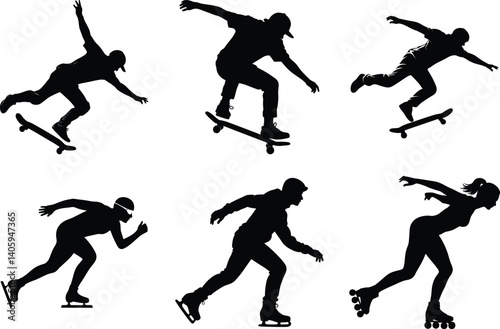 Minimalist Skating Silhouette Clipart SVG Bundle Design.  Dynamic Skating, Roller Skating , Ice Skating, Skateboarder, Vintage Skating, Freestyle Skating, Modern Skating Vector Illustration.