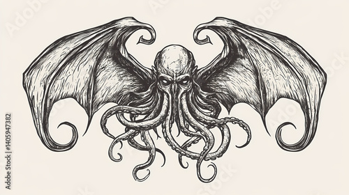 Cthulhu eldritch tattoo design icon symbol engraving on transparent background. eldritch temples. illustration. Eldritch Engraving. Illustration photo