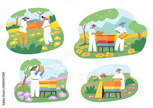 Professional beekeeper cartoon characters wearing protective uniform gathering honey at apiary