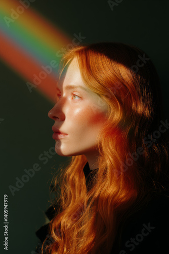 Freckled redhead woman bathed in rainbow light, radiant skin, clean beauty glow, Gen Z aesthetic, commercial skincare editorial for lgbtq+ pride campaign