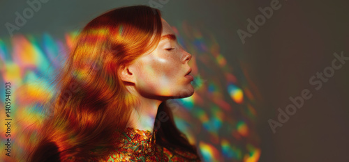 Freckled redhead woman bathed in rainbow light, radiant skin, clean beauty glow, Gen Z aesthetic, commercial skincare editorial for lgbtq+ pride campaign