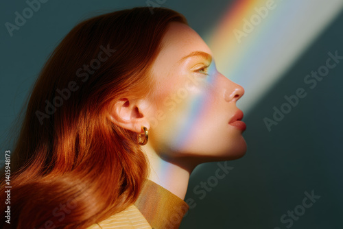 Freckled redhead woman bathed in rainbow light, radiant skin, clean beauty glow, Gen Z aesthetic, commercial skincare editorial for lgbtq+ pride campaign