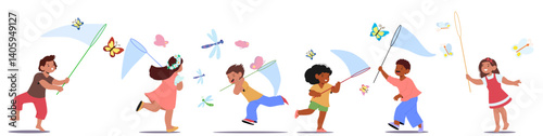 Cute children cartoon characters with net catching flying insects isolated set on white background