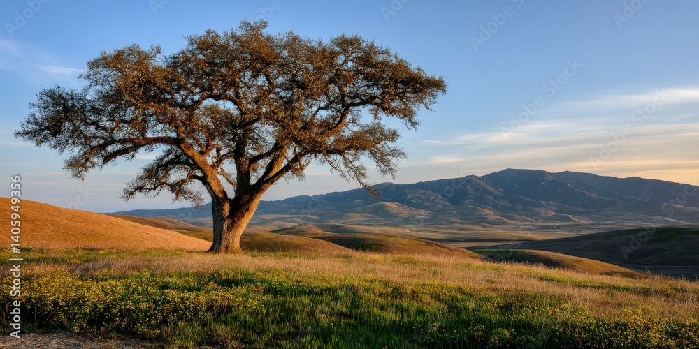 Obraz premium Majestic tree stands alone on rolling hills at sunset