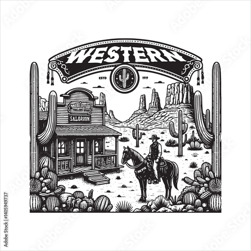 Title: Western Valley Landscape with Horse Rider and Cactus