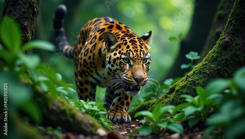 Jaguar stalking prey through dense underbrush, prey, forest, hunting