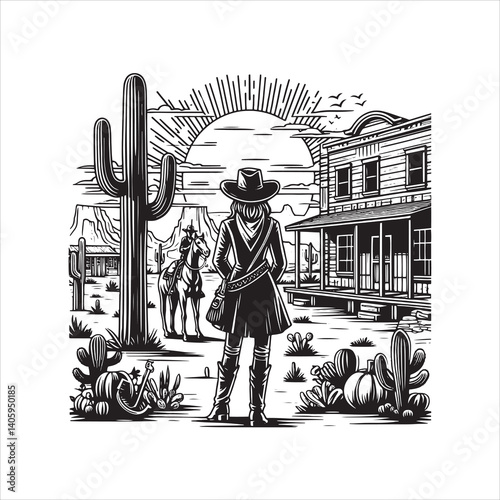 Sunset Western Landscape with Cowgirl and Horse
