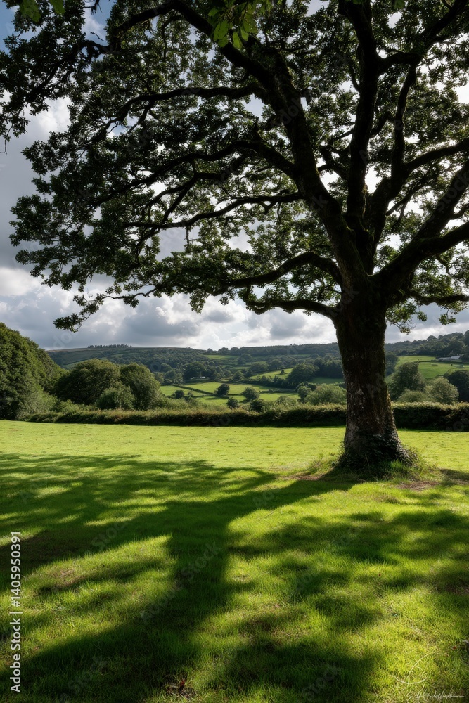Obraz premium Serene countryside landscape featuring a large oak tree