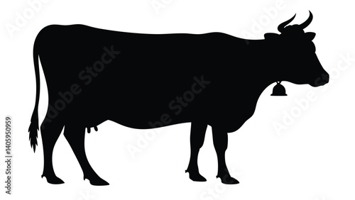 Cow Silhouette Vector – Side View Farm Animal with Horns, Bell & Udder in Minimalist Style