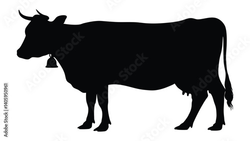 Cow Silhouette Vector – Side View Farm Animal with Horns, Bell & Udder in Minimalist Style