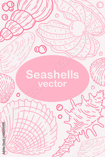 Vector background with sea shells. Luxury design. Design template for text, packaging, printing, decorative greeting card or invitation layout.