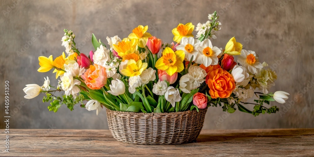 A vibrant basket of colorful flowers creates a cheerful atmosphere. This floral arrangement features yellow, orange, and white blooms. Perfect for decoration and gifting. AI