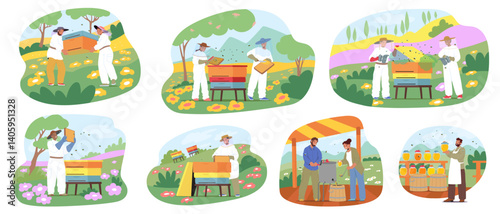 People beekeepers cartoon characters gathering honey standing nearby beehives at apiculture farm