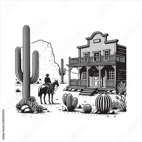 Title: Western Valley Landscape with Horse Rider and Cactus