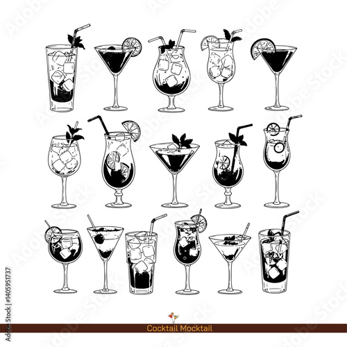This hand drawn detailed vector illustration showcases a delightful collection of cocktail and mocktail drinks, each beautifully rendered in a hand-drawn style. The set features a variety of sketch 