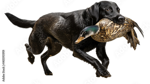 Labrador retriever carrying a duck in its mouth during a hunt