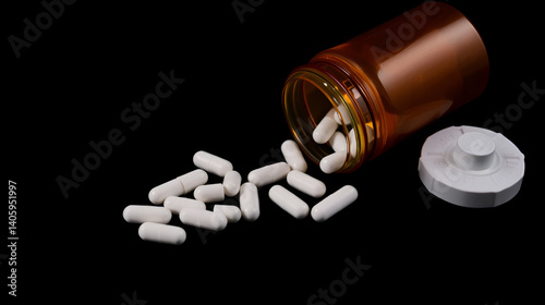 overturned pill bottle spilling white capsules dark surface depicting struggles medication health