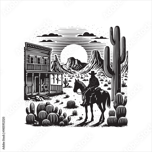 Title: Western Valley Landscape with Horse Rider and Cactus
