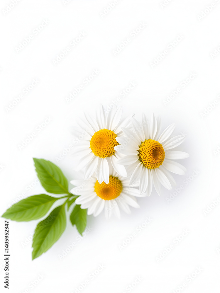 Fototapeta premium Chamomile flower isolated on white or transparent background. Camomile medicinal plant, herbal medicine. Three chamomile flowers with green leaves.