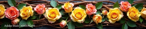 Woven branches with yellow pink orange roses as the centerpiece, nature, floral arrangement