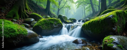 Water cascading over moss-covered boulders in a misty forest, mist, boulder, forest