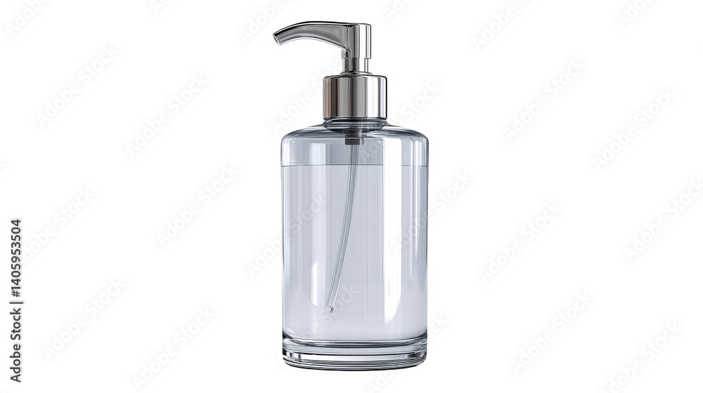 A sleek glass soap dispenser features a polished stainless steel pump A sleek glass soap dispenser features a polished stainless steel pump