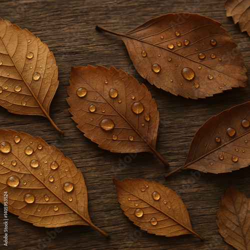 Close-up of dry leaves with dew drops, on wooden background, earthy color palette, 3840x2160 PNG, 100MP, 100MP