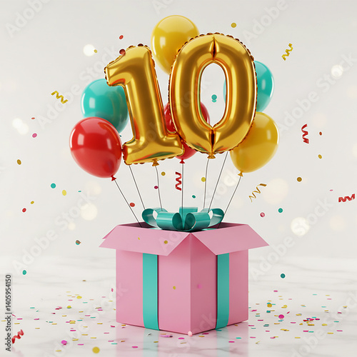 Festive 10th Anniversary Celebration with Colorful Balloons and Gift Box,Background