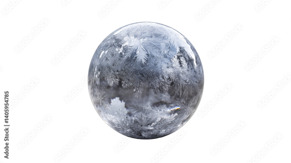 Frosted bubble with intricate ice patterns hanging in winter air