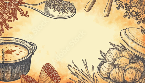 Vintage Culinary Ingredients and Cooking Vessels in Detailed Botanical Style