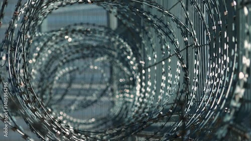 Close-up of spiral razor wire on a high-security fence, with metallic glints and a layered depth, symbolizing restriction and protection.