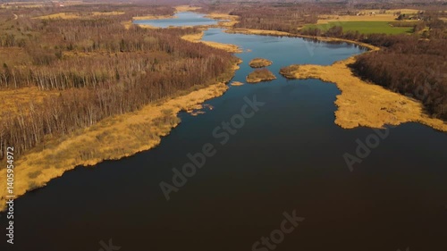 Drone image of a large lake surrounded by autumn forests, dry reeds, and farmlands under a clear sky.
