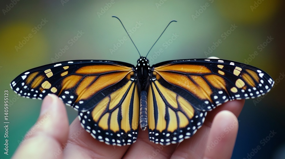 Naklejka premium Monarch butterfly antennae twitching gently it prepares for its maiden flight colored background