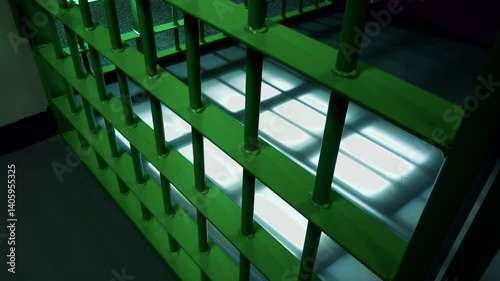 A set of green prison or jail bars with strong lighting casting shadows on the white floor, creating a dramatic and confined atmosphere.