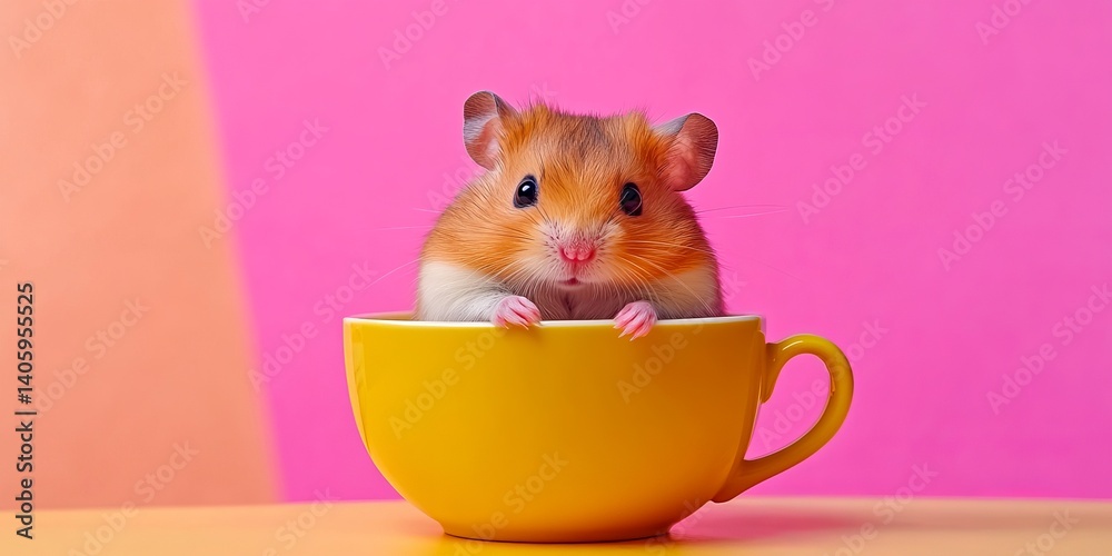 A cute hamster peeks out from a bright yellow cup. The vibrant colors in the background add playfulness. Ideal for pet lovers and animal enthusiasts. Captivating and cheerful. AI.