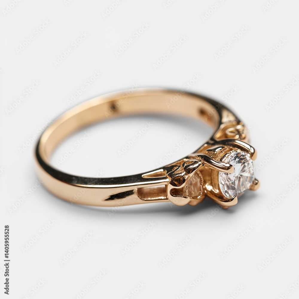 Intricate gold ring with diamond accent captured in detailed shot on white backdrop exudes sophistication Intricate gold ring with diamond accent captured in detailed shot on white backdrop exudes sophistication