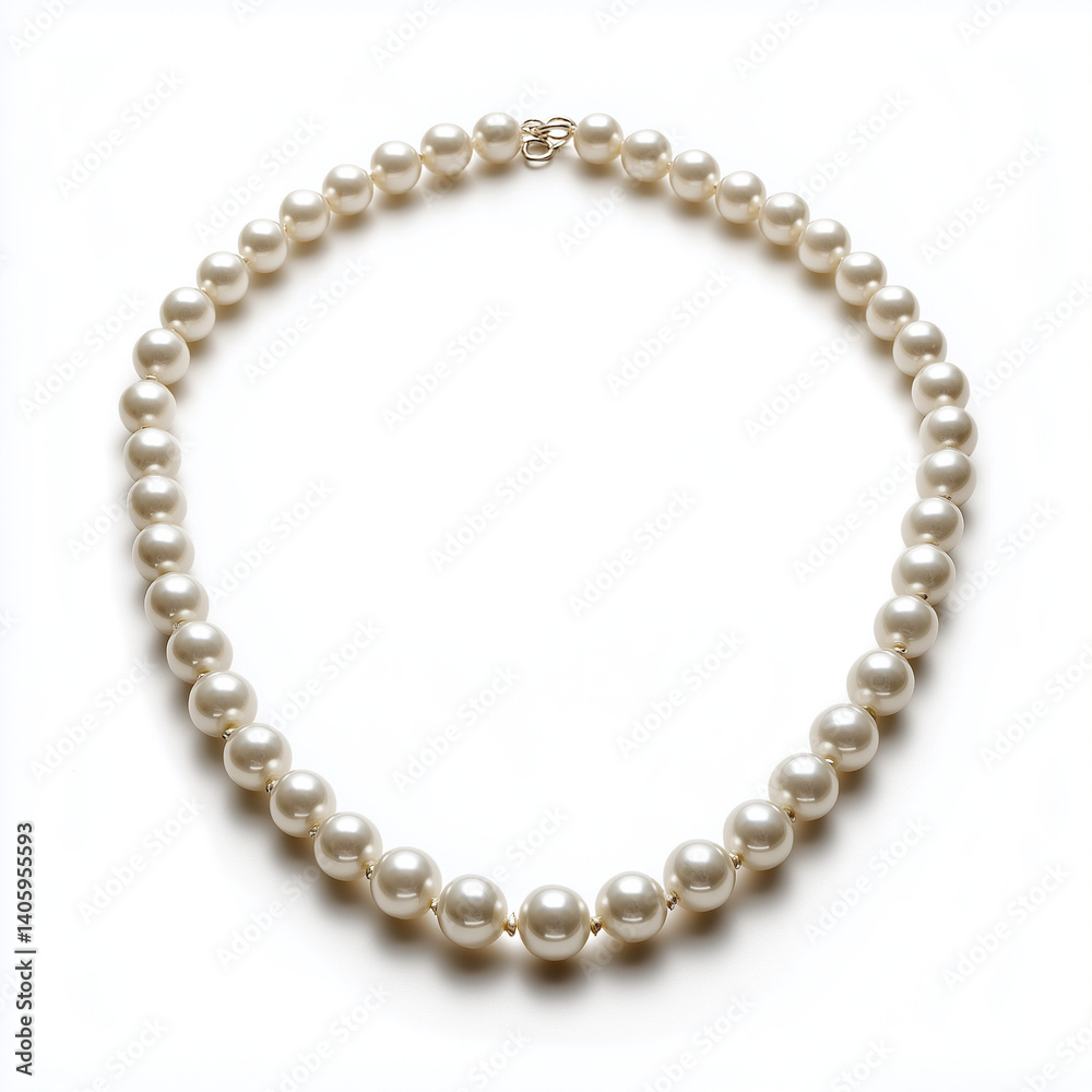 Elegant pearl necklace displayed in top view on white background exudes refined beauty and sophistication Elegant pearl necklace displayed in top view on white background exudes refined beauty and sophistication