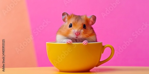 Obraz na płótnie A cute hamster peeks out from a bright yellow cup. The vibrant colors in the background add playfulness. Ideal for pet lovers and animal enthusiasts. Captivating and cheerful. AI. w salonie