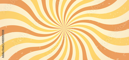 Candy retro color sunburst background. Orange yellow cream sunbeams design wallpaper. Groovy caramel psychedelic banner, Twirl carnival poster