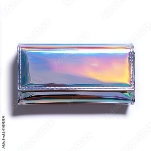 Futuristic holographic clutch showcased in top view on white background radiates bold style and energy photo
