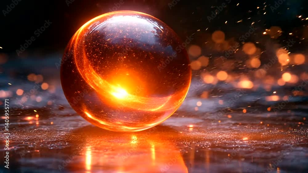 Fiery Orb Rolling, Dark Background, Sparks, Energy