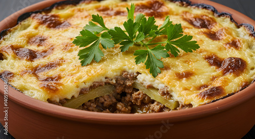 Authentic Greek Moussaka in Rustic Clay Dish with Fresh Parsley Garnish photo