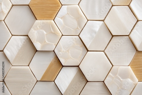Obraz na płótnie Elegant Abstract Background Featuring Mother of Pearl Tiles Arranged in a Harmonious Hexagonal Pattern w salonie