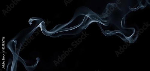 Ethereal wisps of gray smoke curl and swirl against a deep black backdrop, contrast, shadows