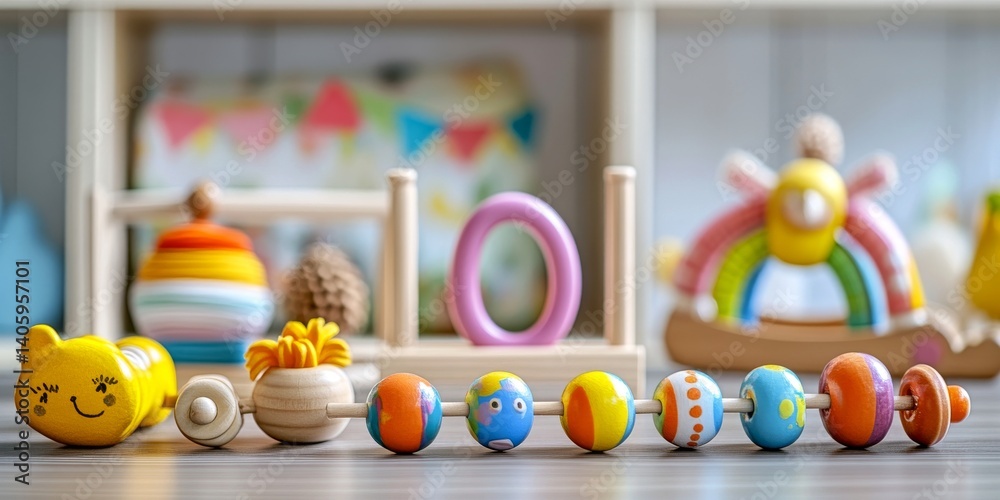 Colorful wooden toys arranged neatly on a play table. These toys are perfect for early learning and play. Ideal for kids rooms or educational purposes. Bright and cheerful. AI