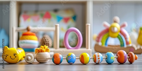 Colorful wooden toys arranged neatly on a play table. These toys are perfect for early learning and play. Ideal for kids rooms or educational purposes. Bright and cheerful. AI
