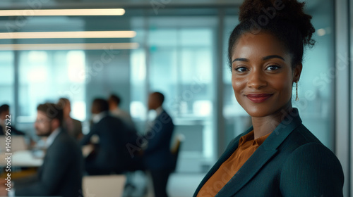 A dynamic image of a confident woman in business attire, standing proudly in the foreground of a modern, stylish office. Generative AI