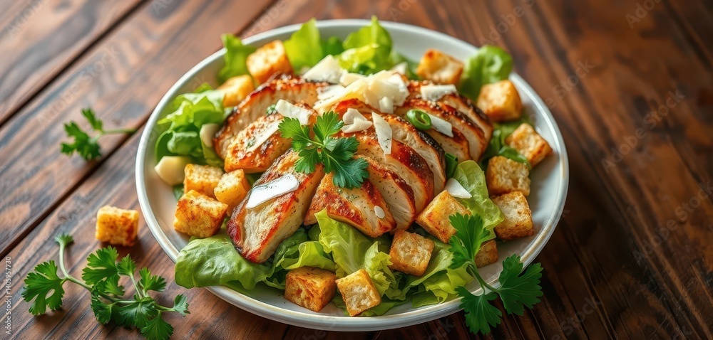 Smoked chicken Caesar salad, crispy croutons, shaved parmesan, fresh parsley, wooden table, smoked chicken, gourmet, green Smoked chicken Caesar salad, crispy croutons, shaved parmesan, fresh parsley, wooden table, smoked chicken, gourmet, green