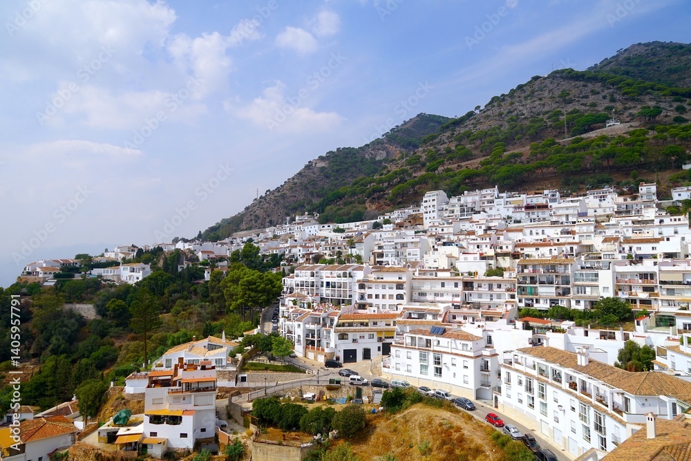 Fototapeta premium view over the old town of Mijas, a historic town in the mountains of Andalusia between Marbella and Malaga, Fuengirola, Benalmádena, Costa del Sol, Spain